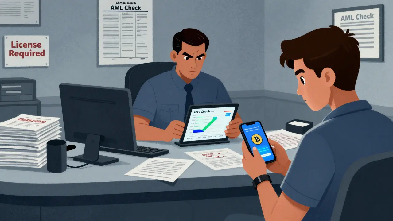 Official reviewing crypto license application at Central Bank in Havana