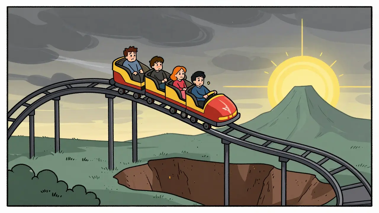 Rollercoaster metaphor illustrating cryptocurrency price volatility