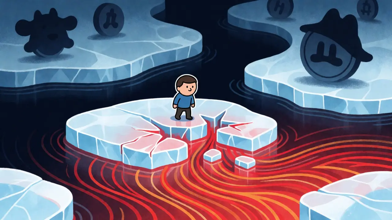A figure balancing on cracking ice above swirling volatile market currents.