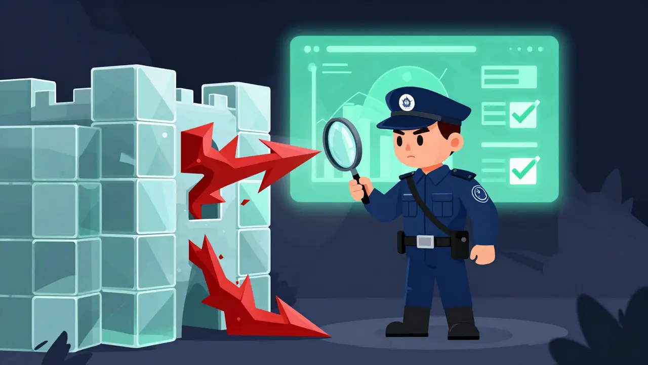 A security guard using a magnifying glass to inspect threats at a blockchain fortress