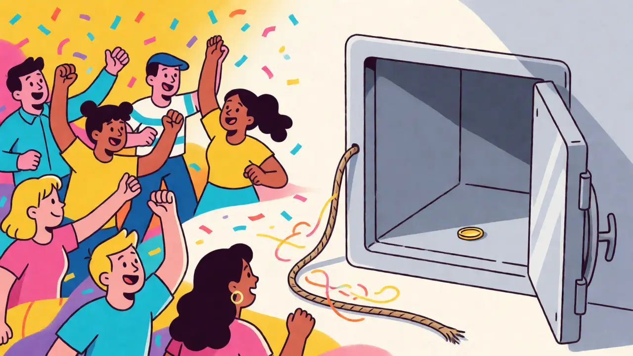 A split scene showing a lively party connected by a fraying rope to an empty vault.