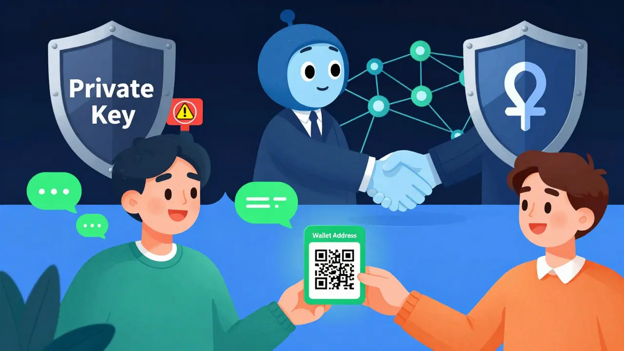 Cartoon illustrating safe sharing of addresses vs protecting private keys