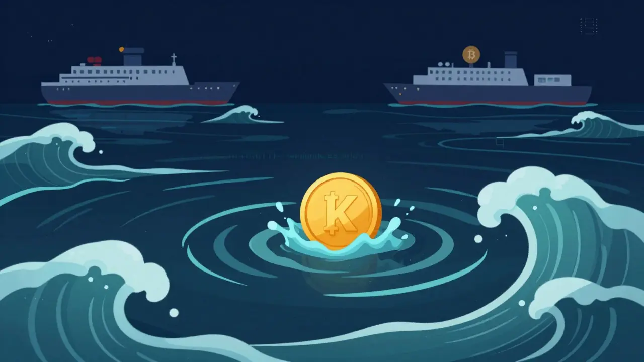 Cartoon of a small coin struggling in turbulent waters while large ships sail safely