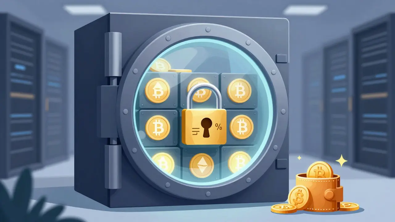 Cartoon showing a secure vault holding most crypto assets in cold storage with a few in hot wallet