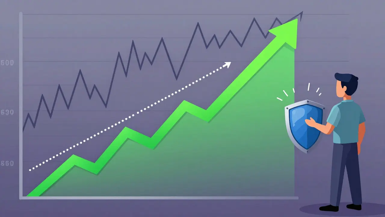 Cartoon showing a trailing stop following an upward trending stock chart