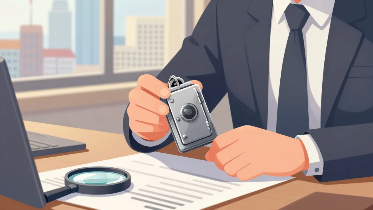 Character holding a hardware wallet while reviewing financial records at a desk