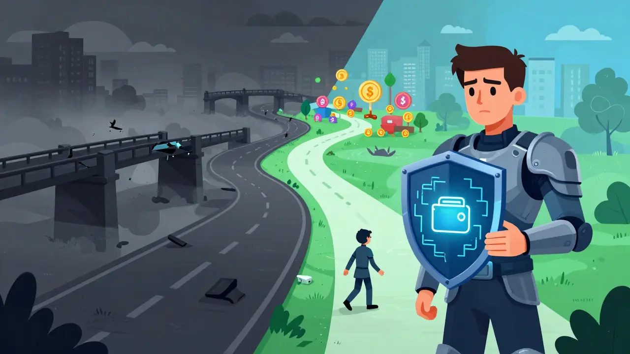 Character in digital armor navigating a path between DeFi risks and safe trading opportunities
