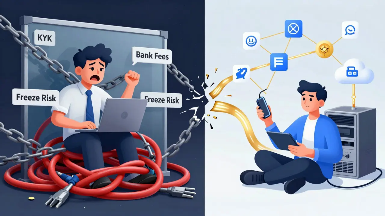 Comparison of restrictive traditional banking versus free crypto payment gateways