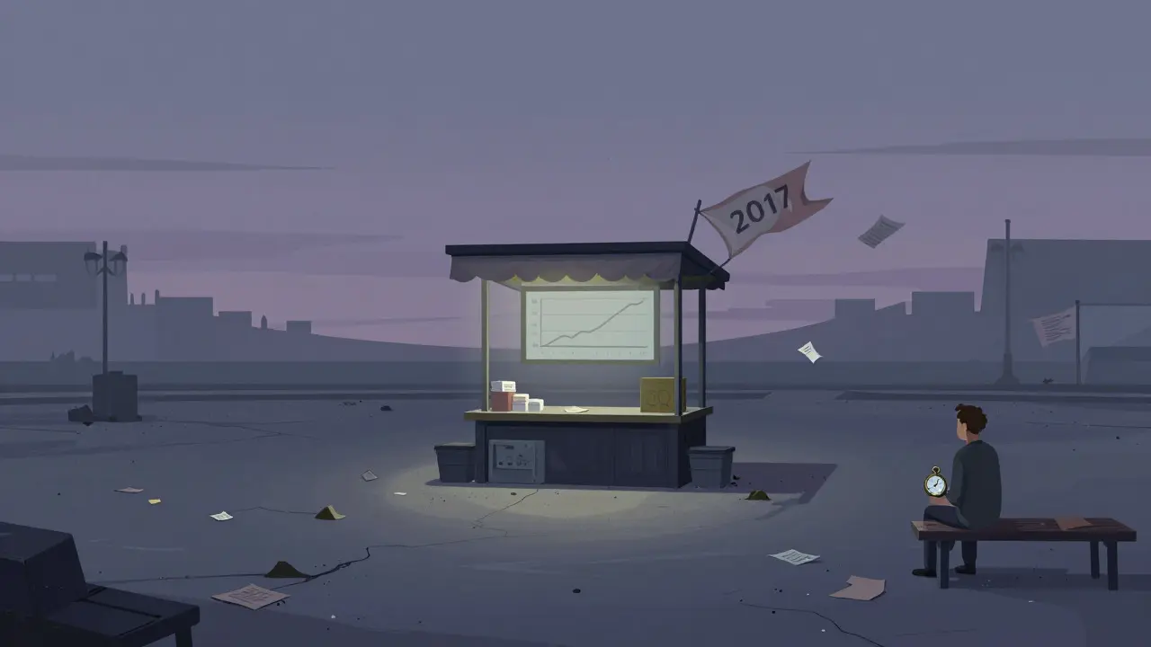 Deserted marketplace scene with a single dim trading booth under a twilight sky