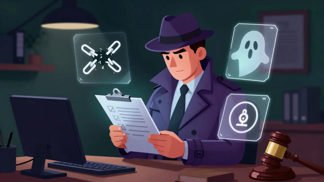 Detective examining a checklist of risks with holographic warning symbols in a dark office