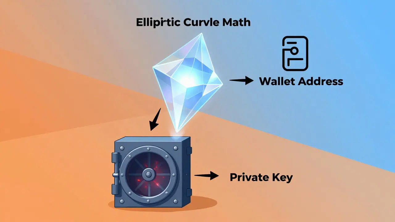 Diagram showing private key derivation to public key and address