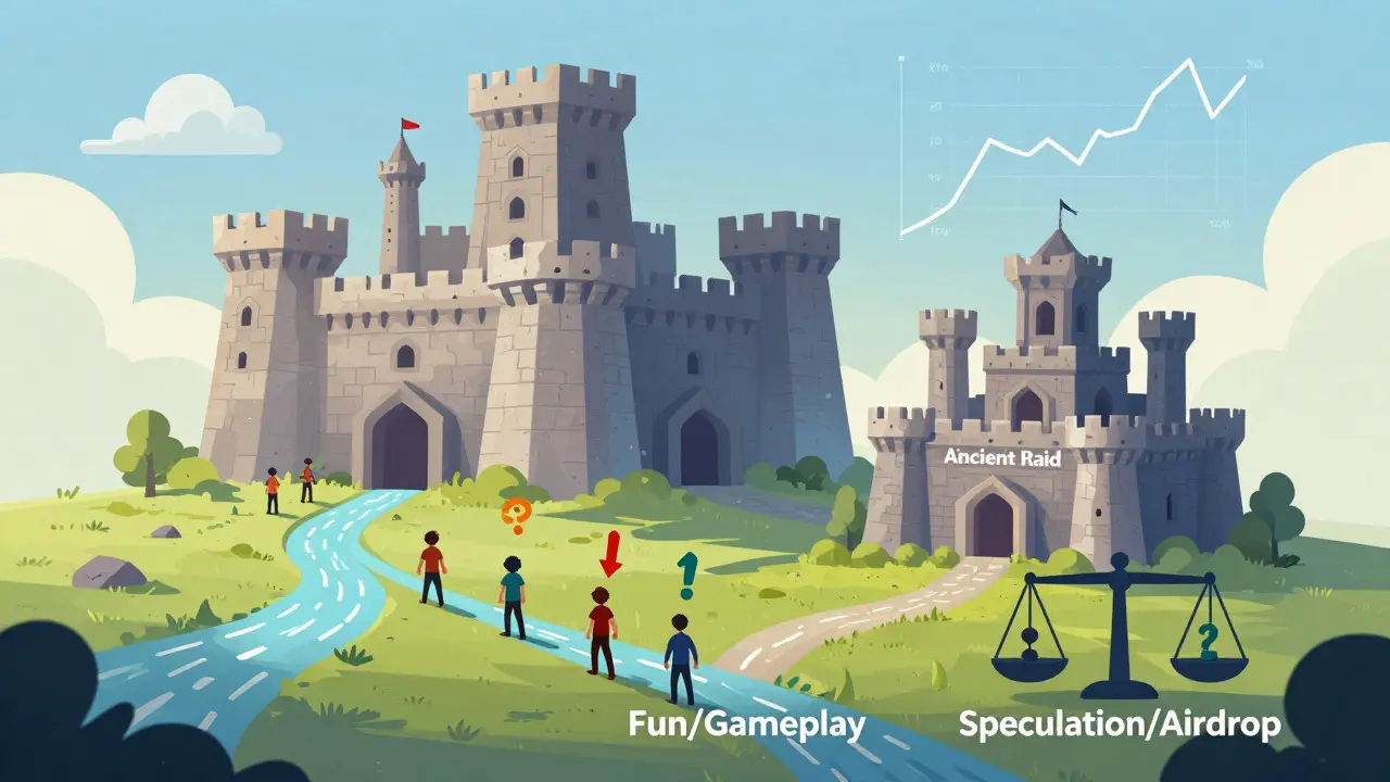 Editorial cartoon comparing Ancient Raid to larger GameFi competitors.