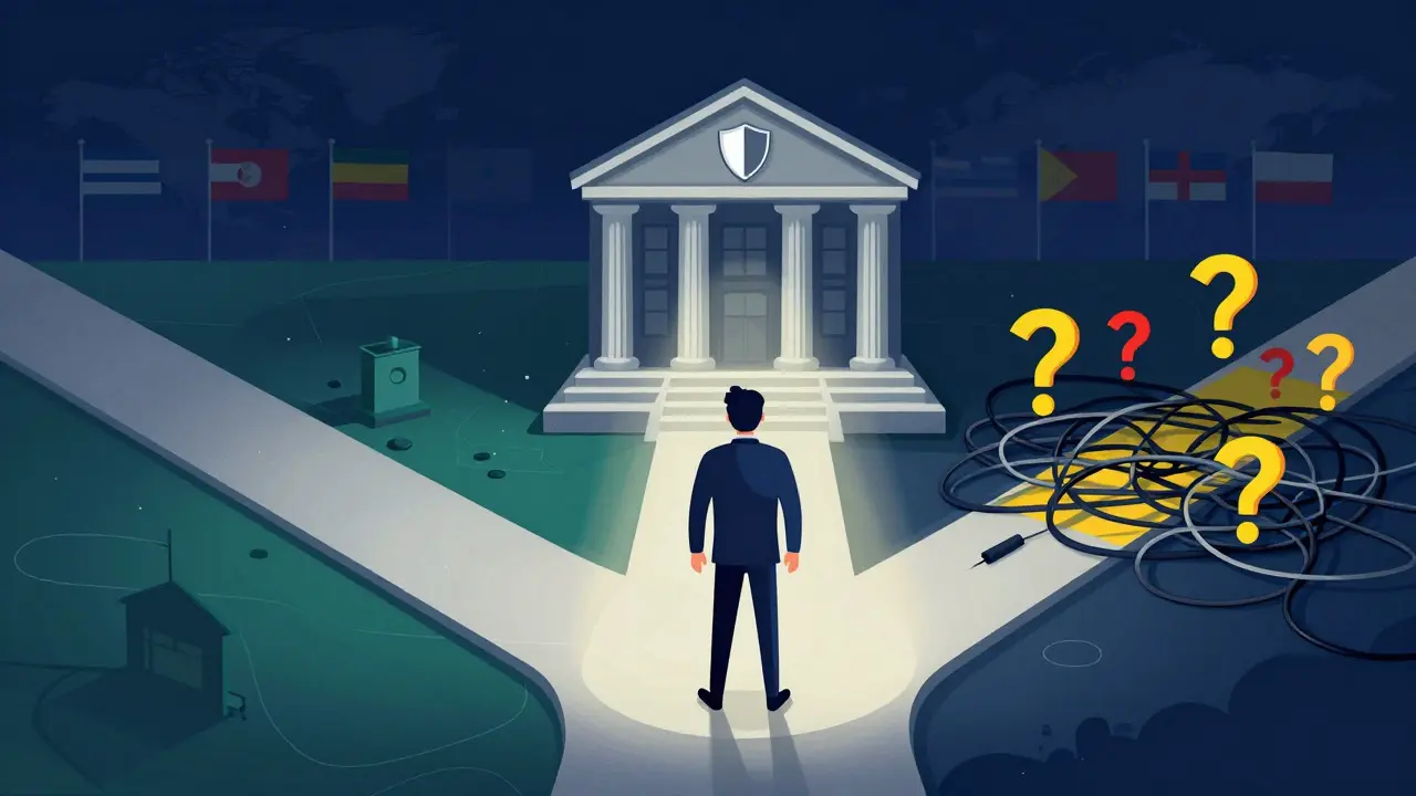 Editorial cartoon of a trader choosing between secure banking and regulatory risk