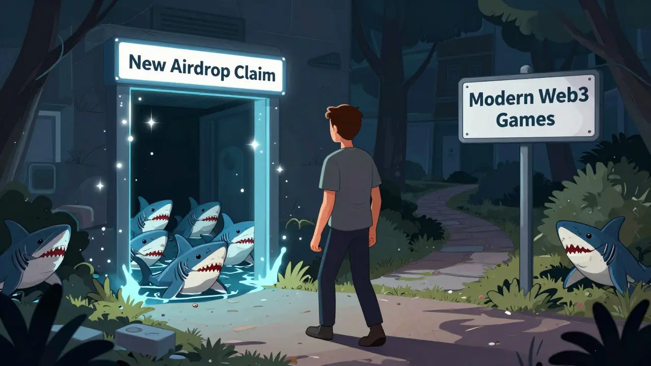 Editorial cartoon warning users about phishing scams disguised as new XWG airdrop claims.