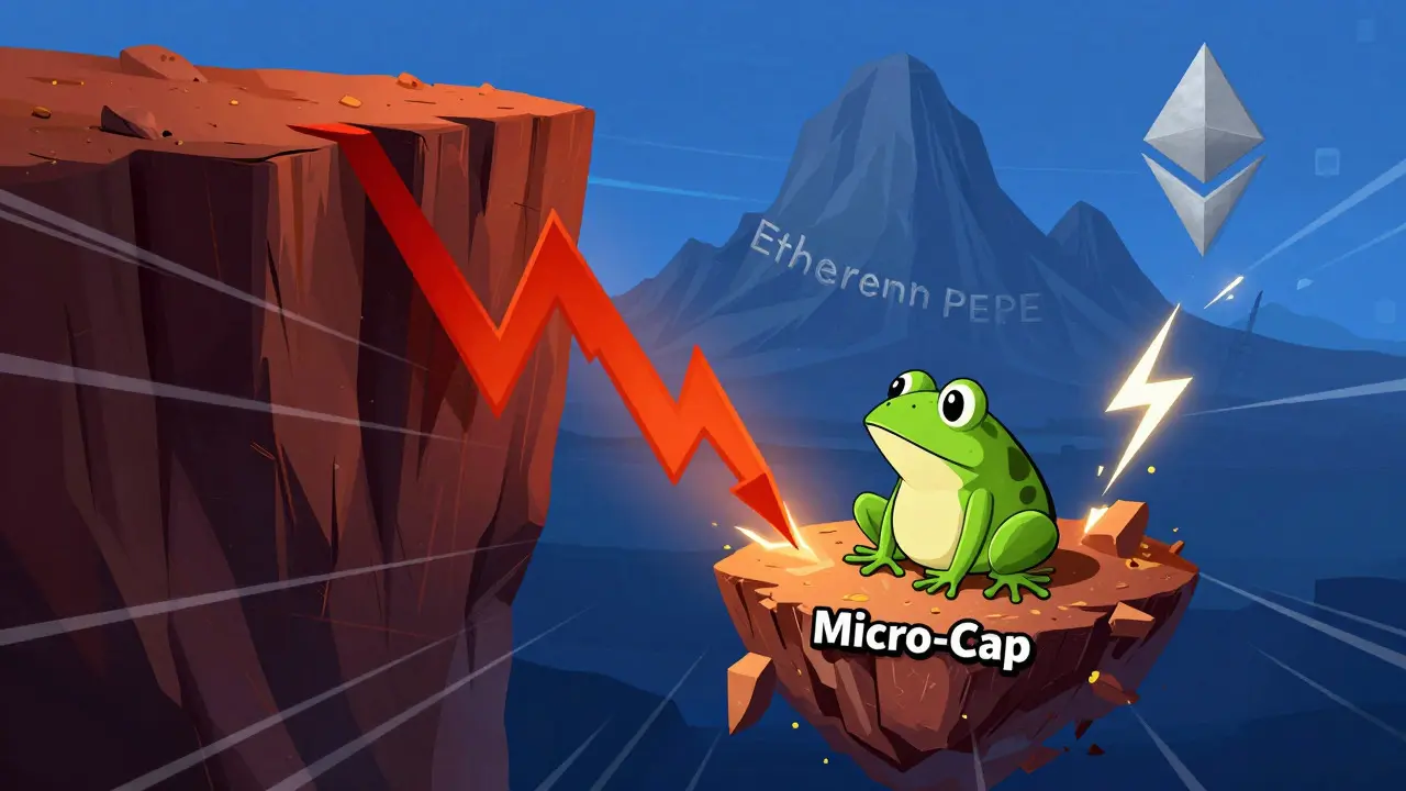 Frog on shrinking island overlooking a plummeting price chart cliff