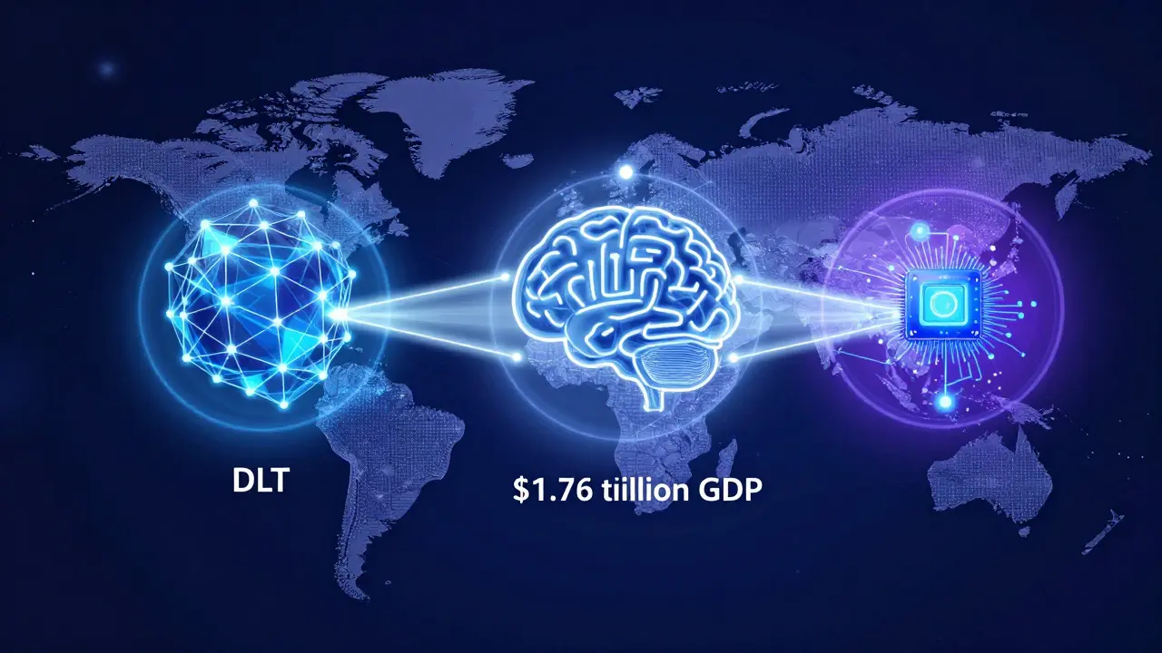 Futuristic network linking blockchain, AI, and quantum computing
