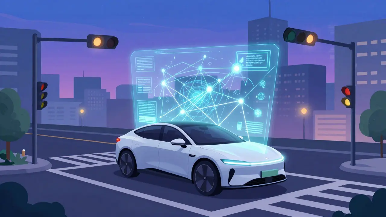 Futuristic self-driving car navigating a smart city with real-time data overlay