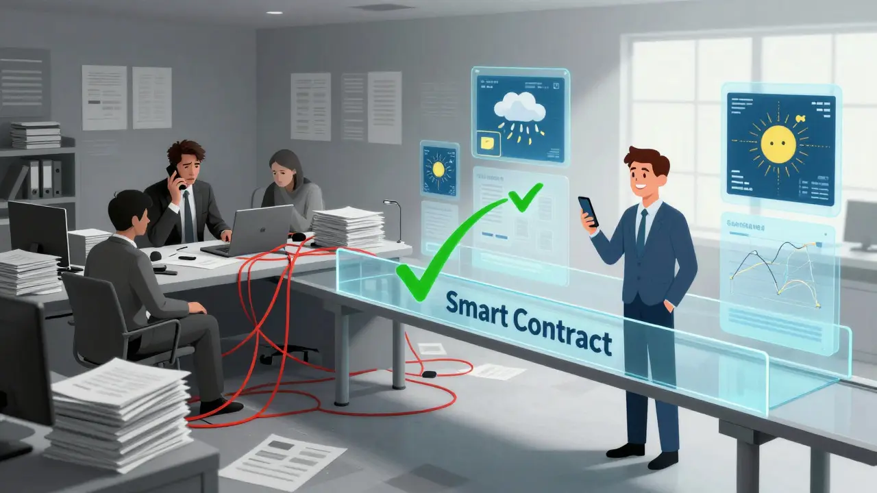 Illustration comparing slow traditional insurance with fast blockchain automation