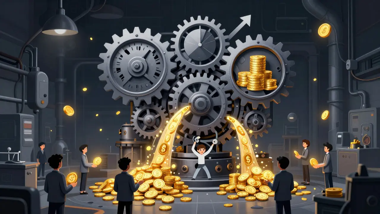 Illustration of a complex clockwork machine distributing golden tokens to workers