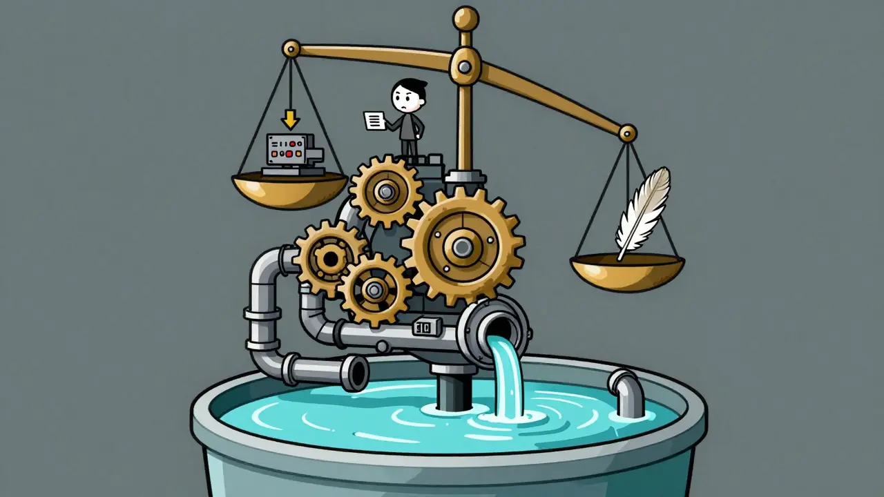 Illustration of a mechanical system with low water levels and a tipping scale, representing DeFi risks.