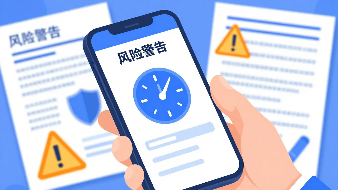 Illustration of a phone showing a 24-hour cooling-off timer and risk warnings