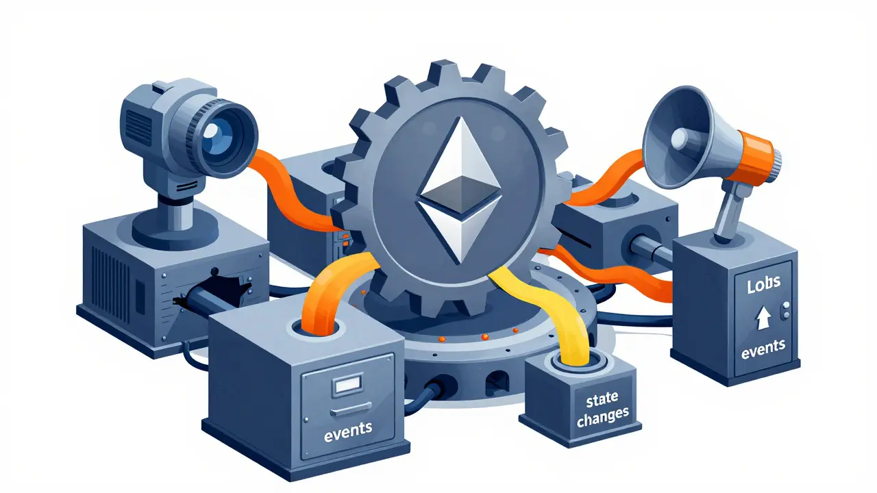 Illustration of gears and data streams representing smart contract mechanics