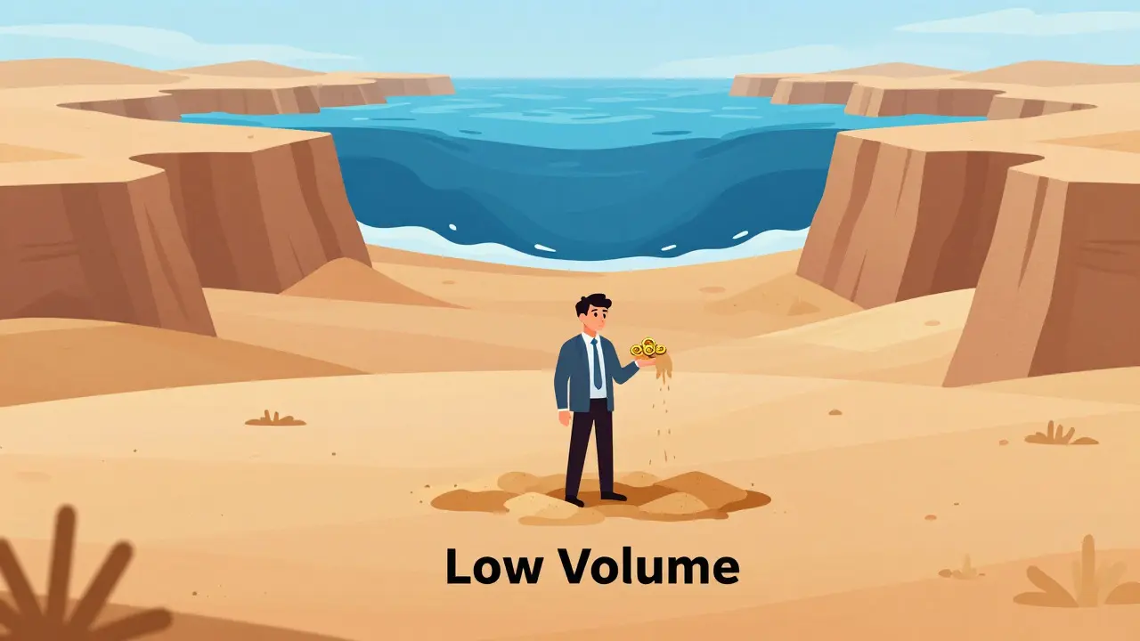Illustration of investor stranded on low-liquidity desert island