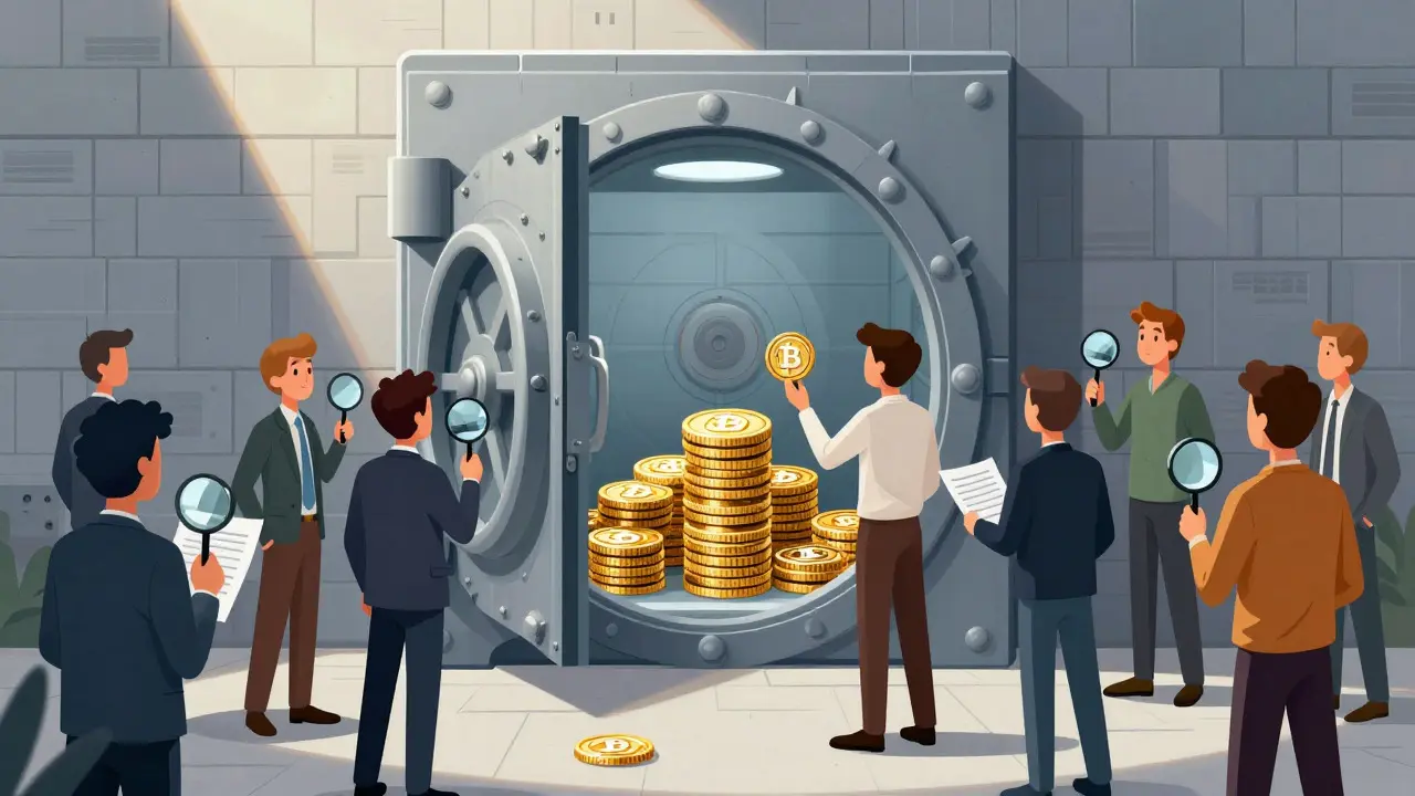 Illustration of traders inspecting a secure vault to verify platform reliability