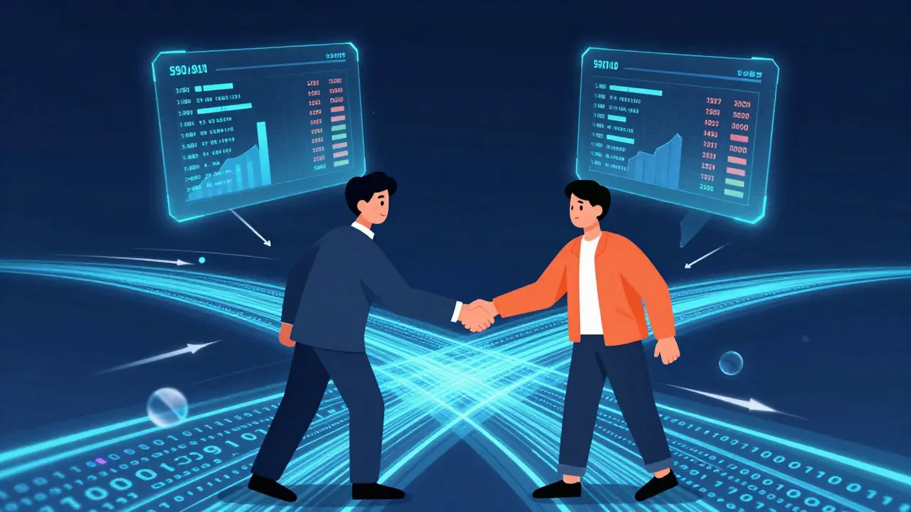 Illustration of two traders connecting via a digital bridge representing peer-to-peer crypto matching