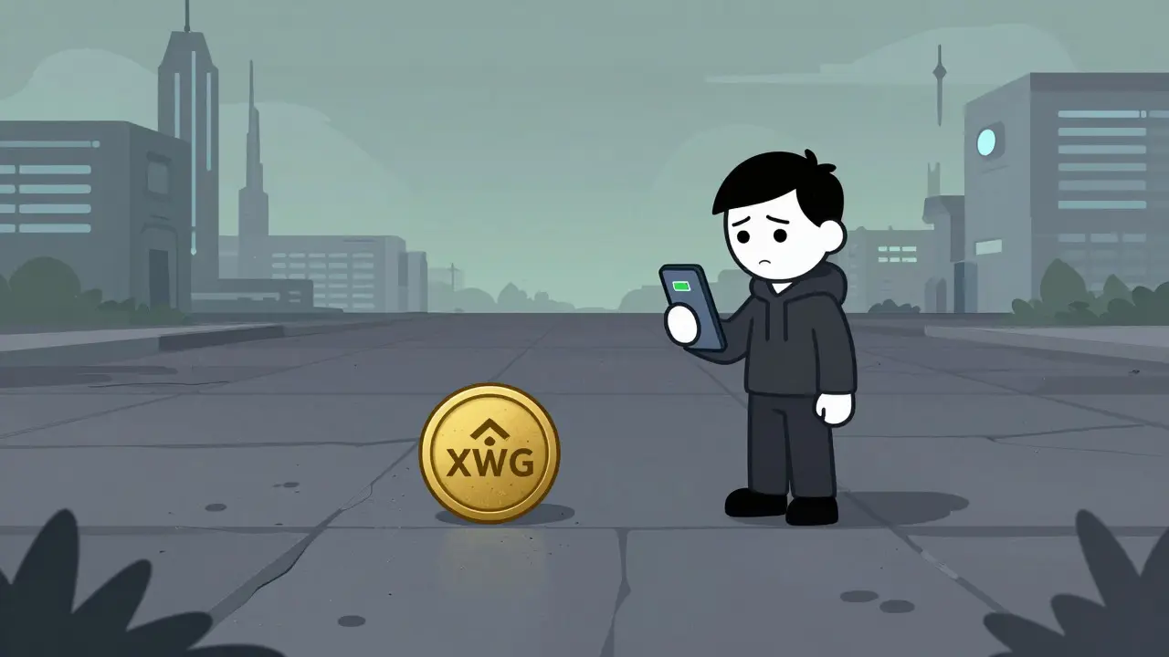 Illustration showing a dusty, isolated XWG token in a quiet landscape, symbolizing project decline.