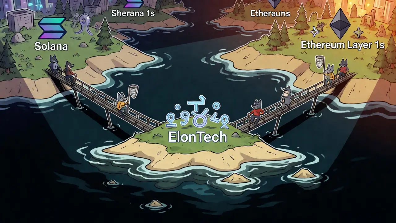Isolated ElonTech island sinking among active crypto continents.
