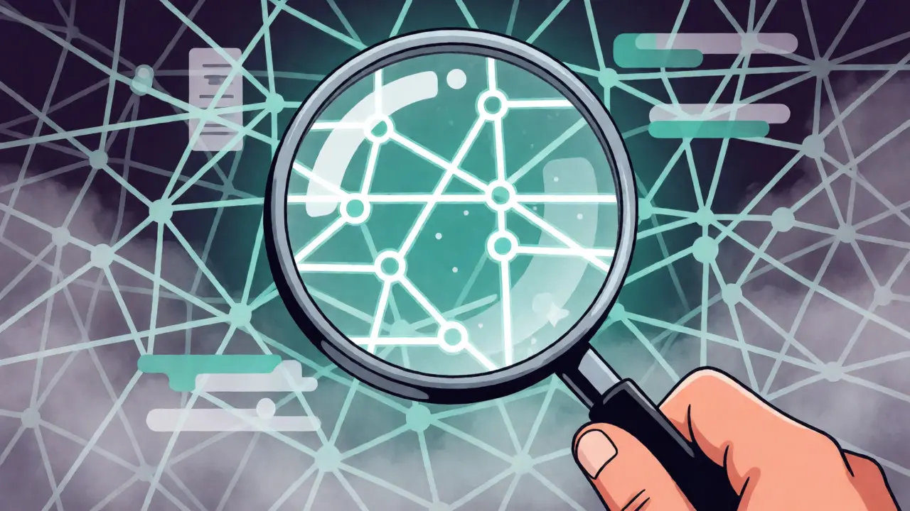 Magnifying glass revealing verified blockchain structures in fog.