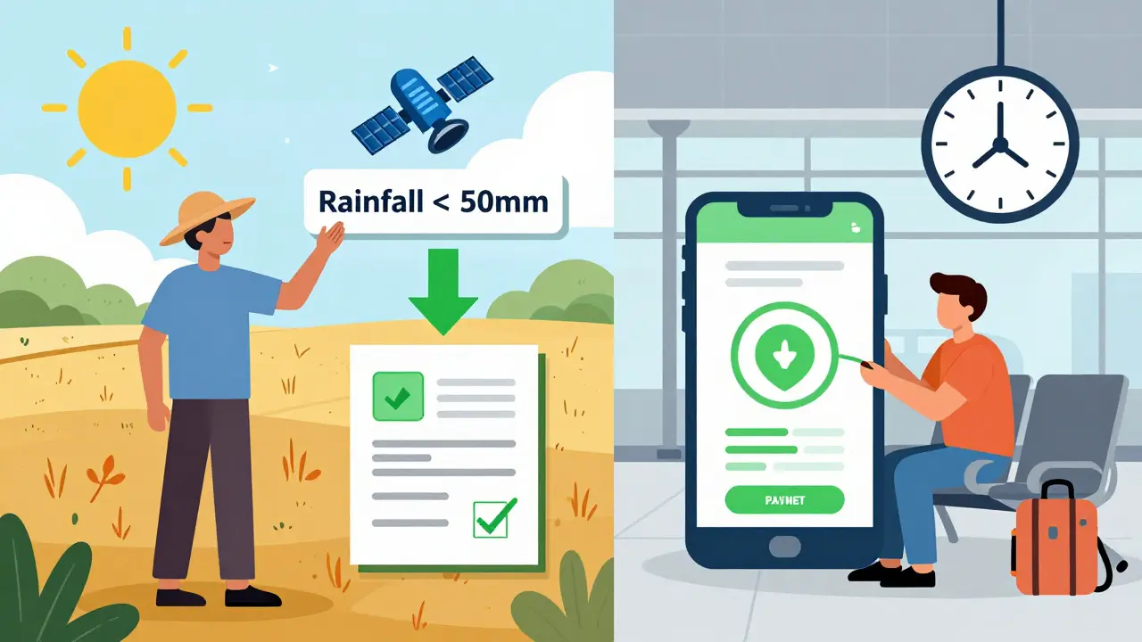 Parametric insurance triggers: weather data and flight delays activating payouts