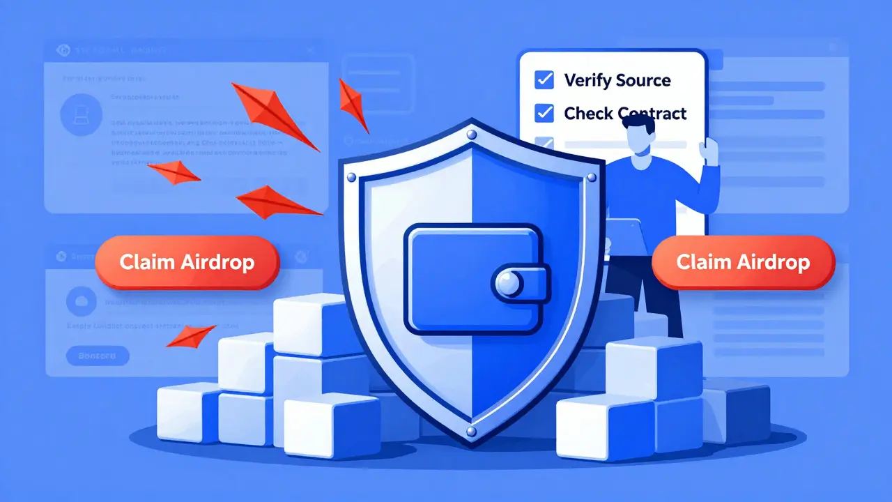 Shield protecting crypto wallet from phishing scams and fake airdrops