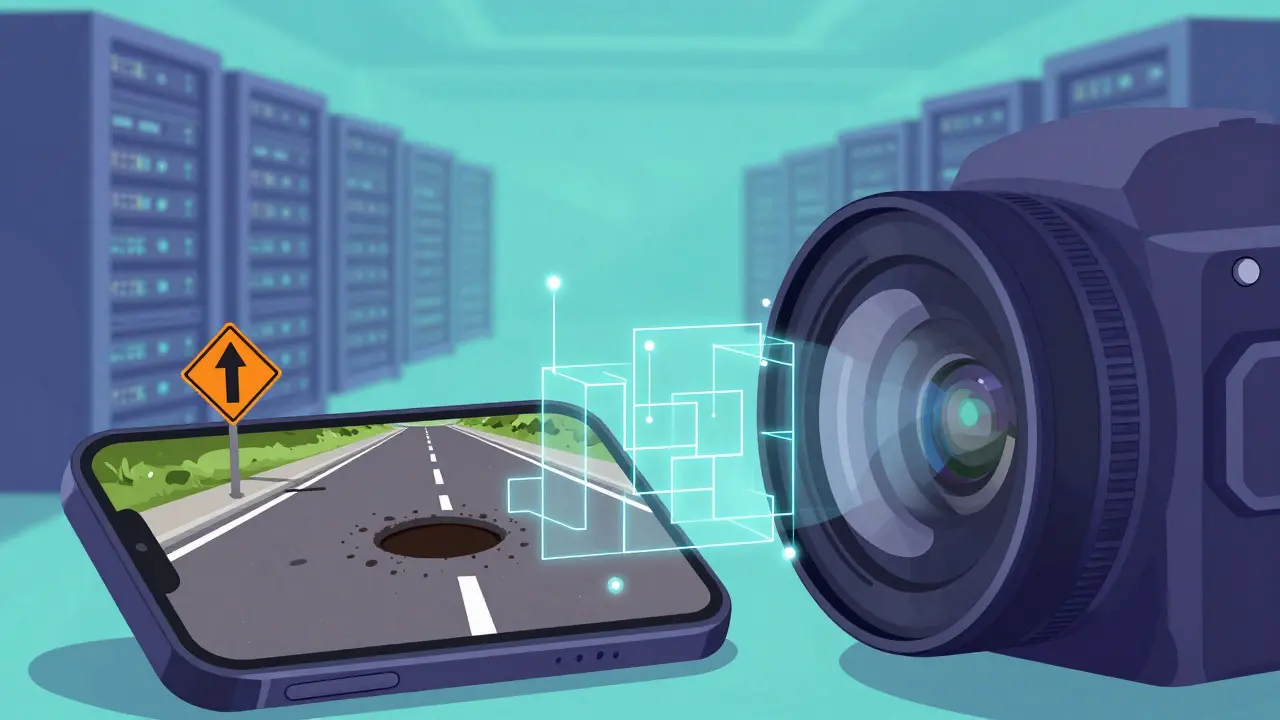 Smartphone camera converting road visuals into structured digital data points