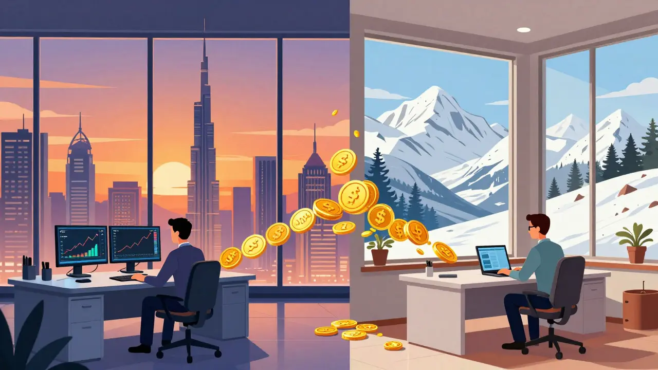 Split illustration comparing a Dubai office and a Swiss mountain office for crypto traders