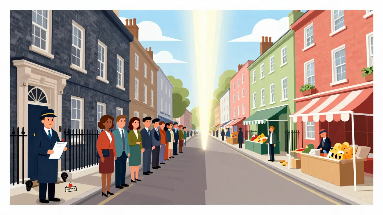 Split-screen cartoon comparing strict UK regulations with looser global markets