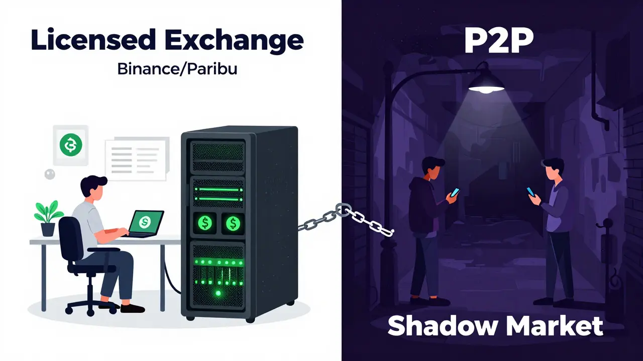 Split view of licensed exchanges versus shadowy P2P trading networks in Turkey.