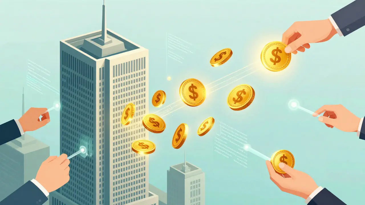 Tokens flowing from physical assets to represent digital tokenization