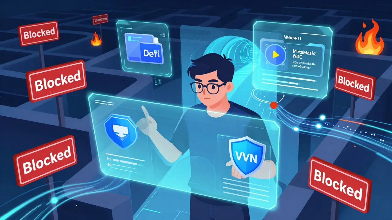 User navigating DeFi tools and VPNs through digital blocks and firewalls.