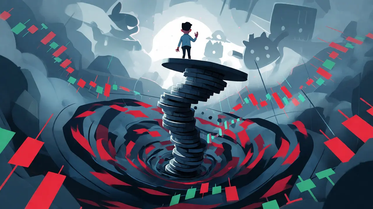 An investor balancing on coins above a chaotic vortex representing volatile crypto markets.