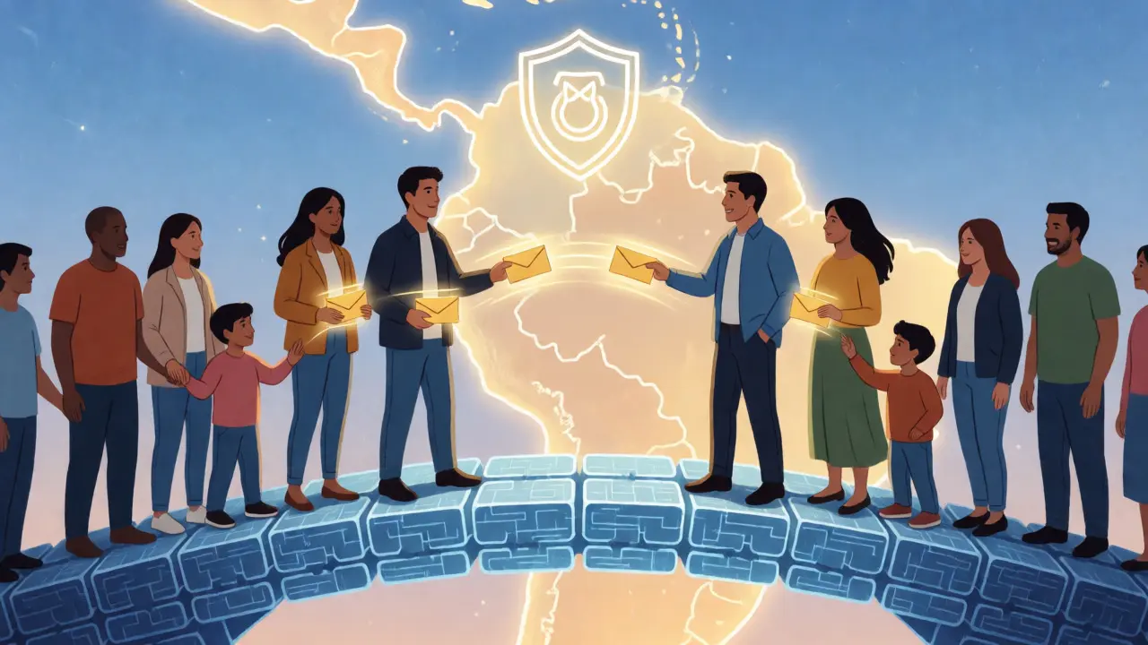 Argentines exchanging digital remittances across a blockchain bridge with regulatory protection.