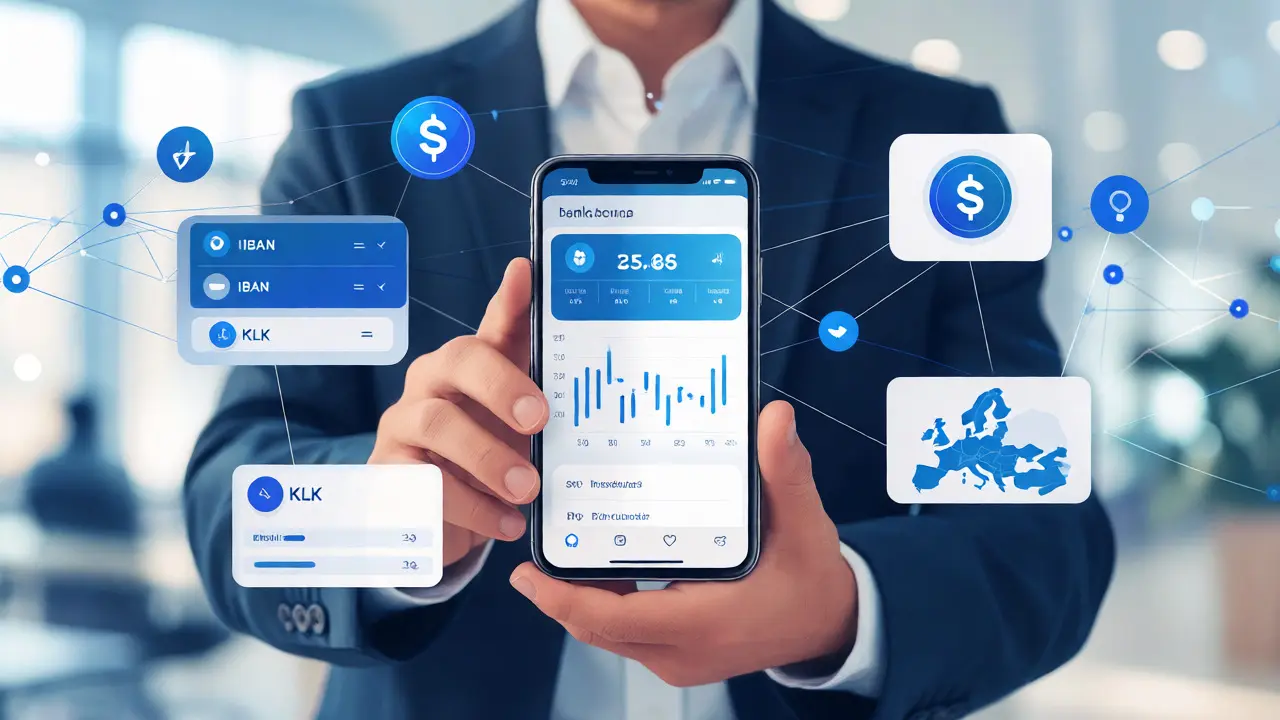 Business person using a smartphone app blending banking and crypto features