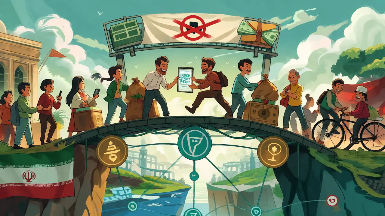 Cartoon characters using decentralized networks and peer-to-peer methods to trade crypto in Iran.