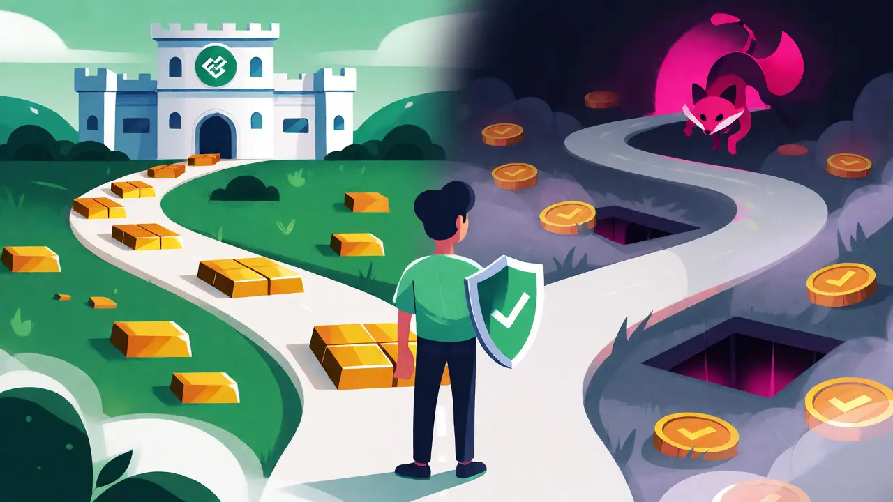 Cartoon depicting a user choosing between a secure path and a phishing trap in crypto.