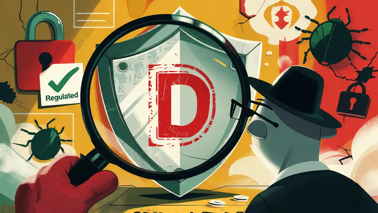 Cartoon of an auditor inspecting a security shield with a D rating