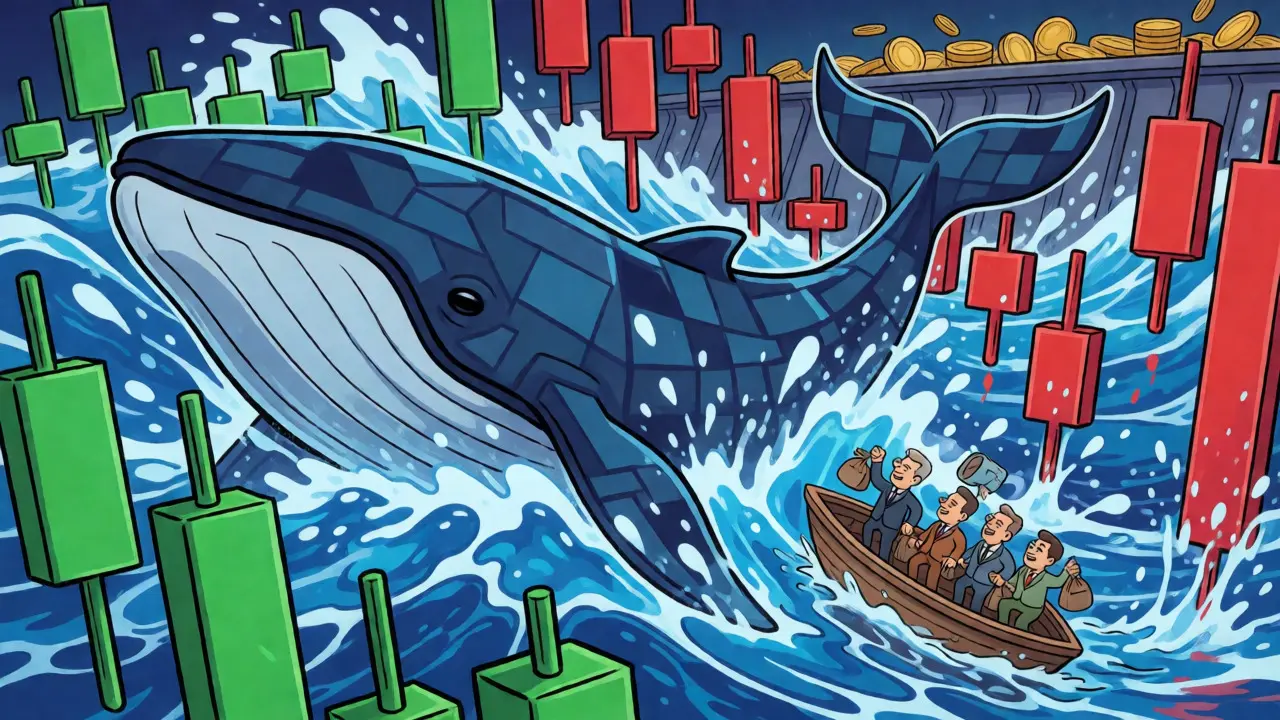 Cartoon whale swimming through chart waves threatening a small investor boat.