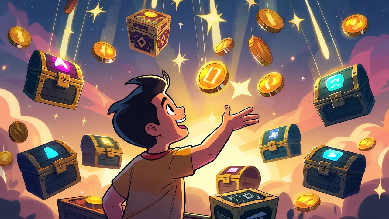 Character collecting falling golden tokens and NFT treasure boxes under a starry sky
