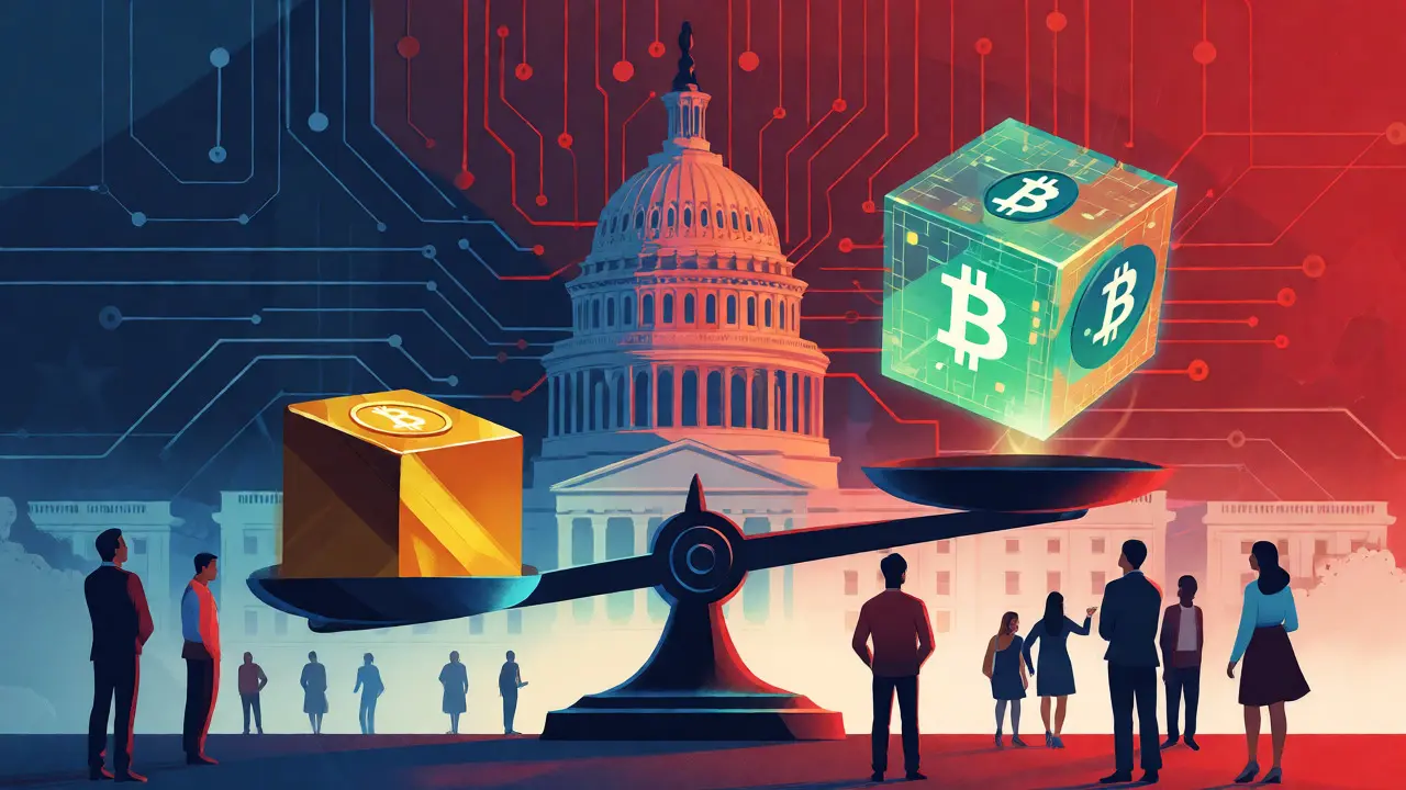 Conceptual art balancing gold and digital assets under the US Capitol