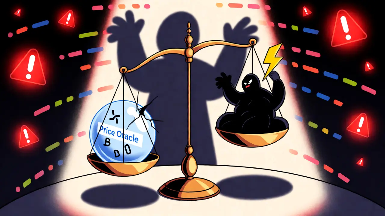 Dark hacker figure threatening a fragile price oracle balance scale with cracks